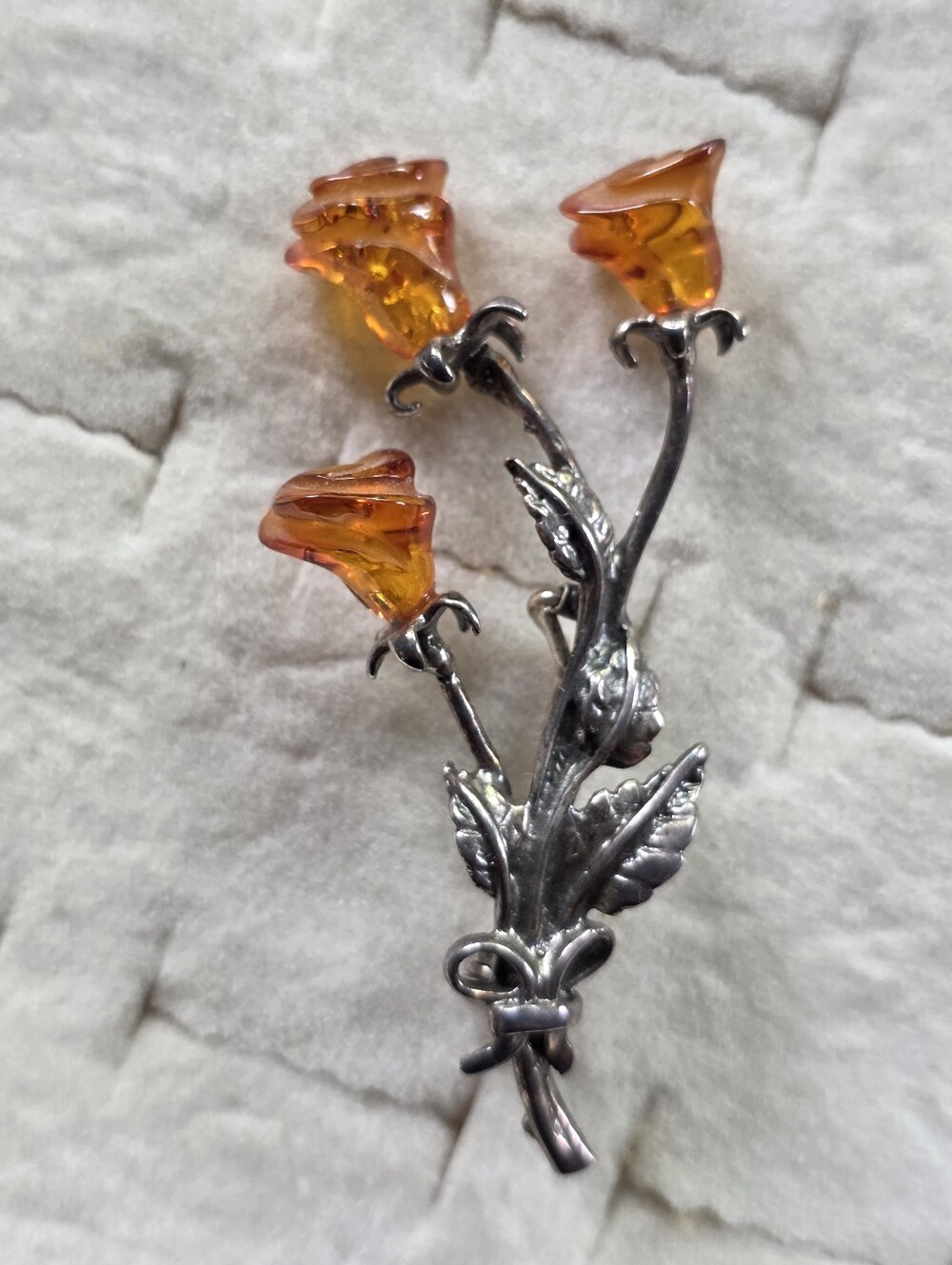 Carved Amber Roses Trio Sterling SILVER Brooch - Orange Floral Pin